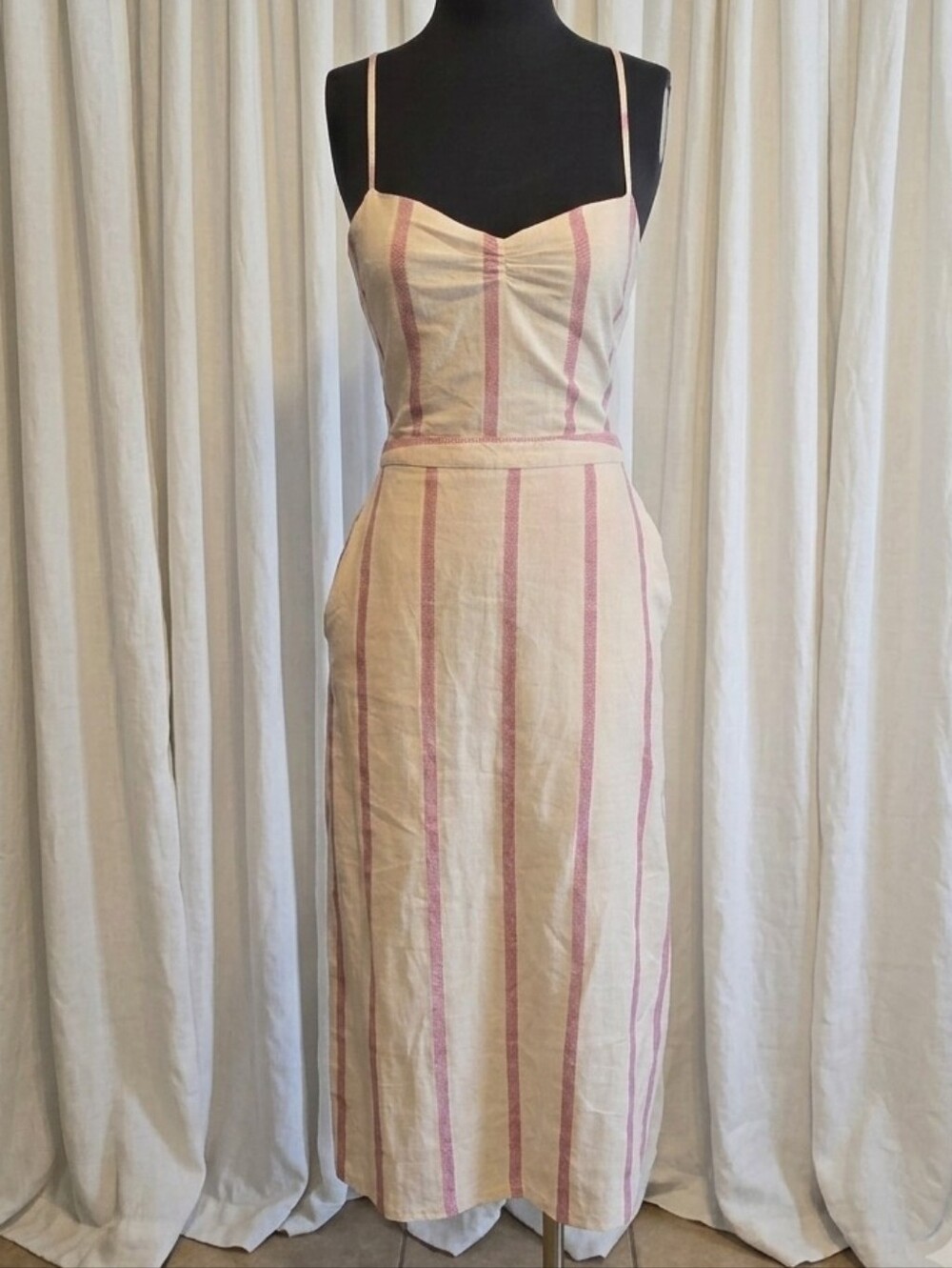 Lush Cream Midi Dress with Pink Vertical Stripes